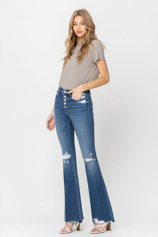 HIGH RISE DISTRESSED RAW HEM FLARE