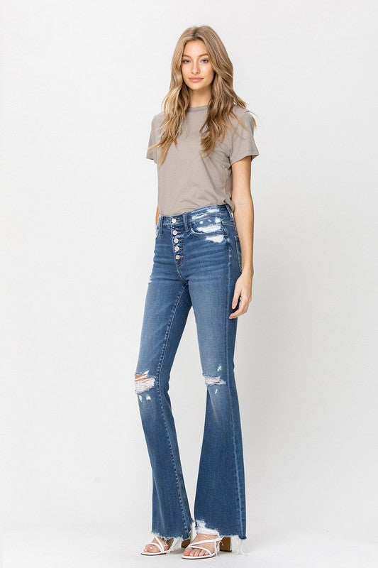 HIGH RISE DISTRESSED RAW HEM FLARE