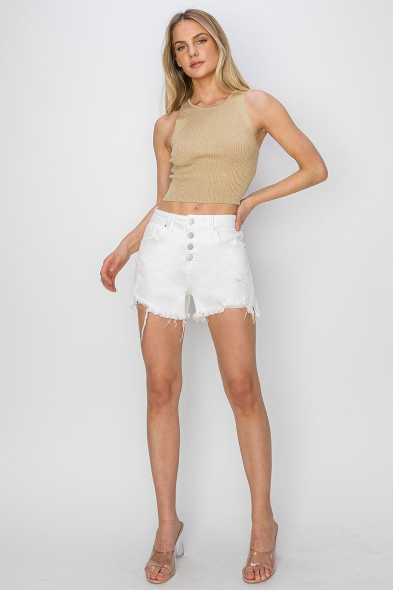 RISEN Button Fly Frayed Hem Denim Shorts