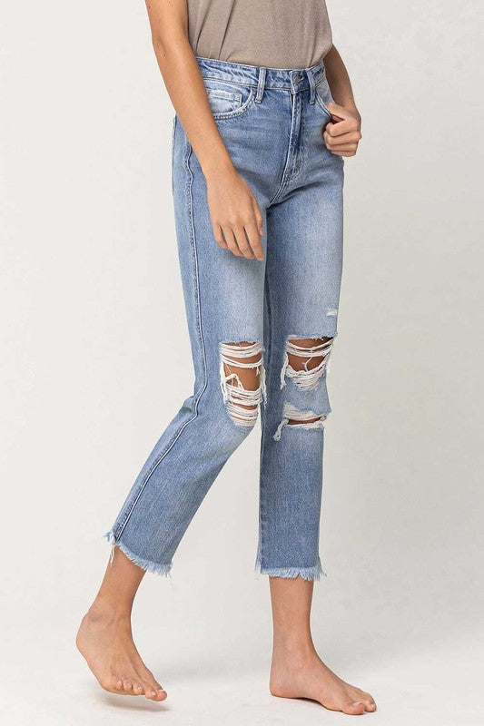 SUPER HIGH RISE DISTRESSED  RELAXED STRAIGHT