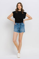 High Rise Distressed Hem A-Line Shorts