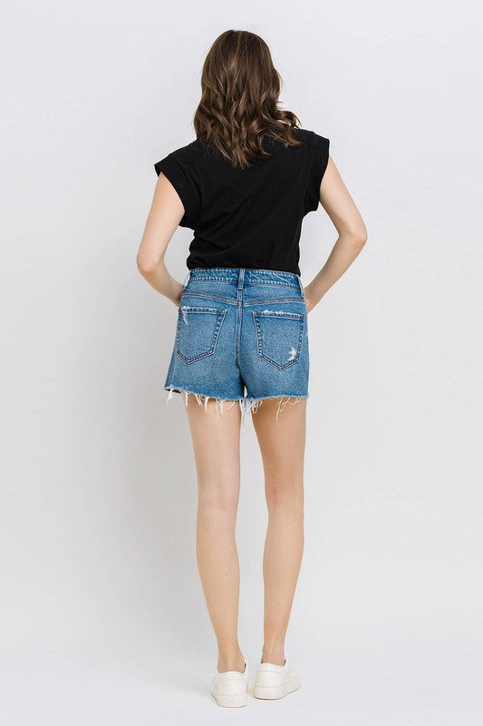 High Rise Distressed Hem A-Line Shorts