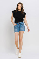 High Rise Distressed Hem A-Line Shorts