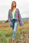 Two-Tone Floral Square Crochet Open Knit Cardigan