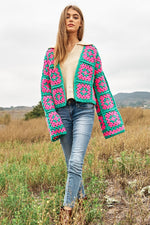 Two-Tone Floral Square Crochet Open Knit Cardigan