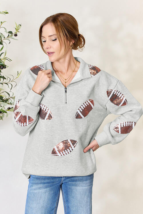 Sequin Football Half Zip Long Sleeve Sweatshirt