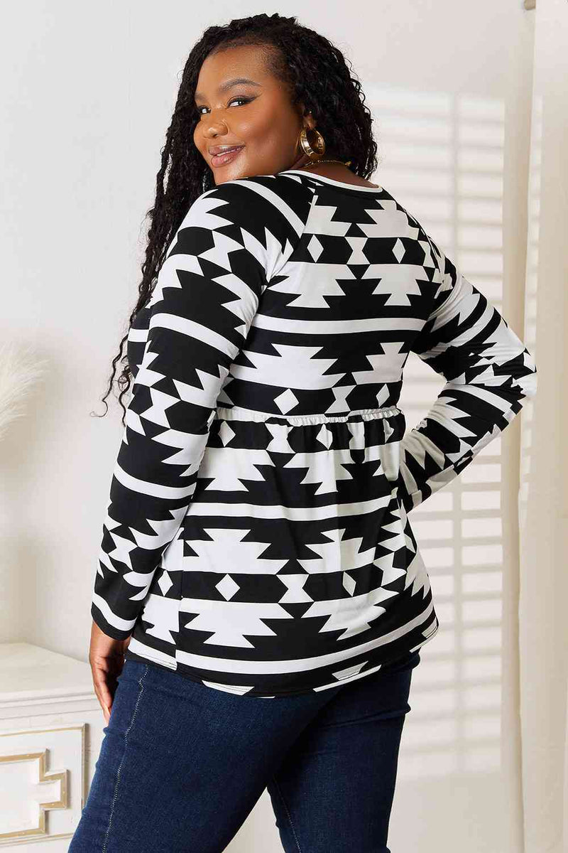 Geometric Notched Neck Long Sleeve Top