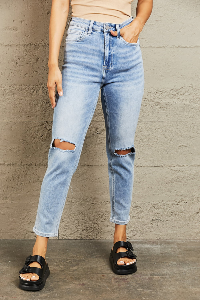 High Waisted Distressed Slim Cropped Jeans
