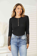 Crochet Lace Hem Sleeve Button Top